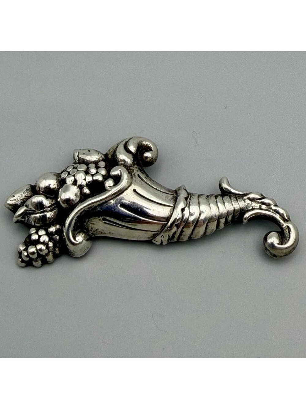 Cornucopia Harvest Brooch Signed LANG Sterling Silver Thanksgiving Pin